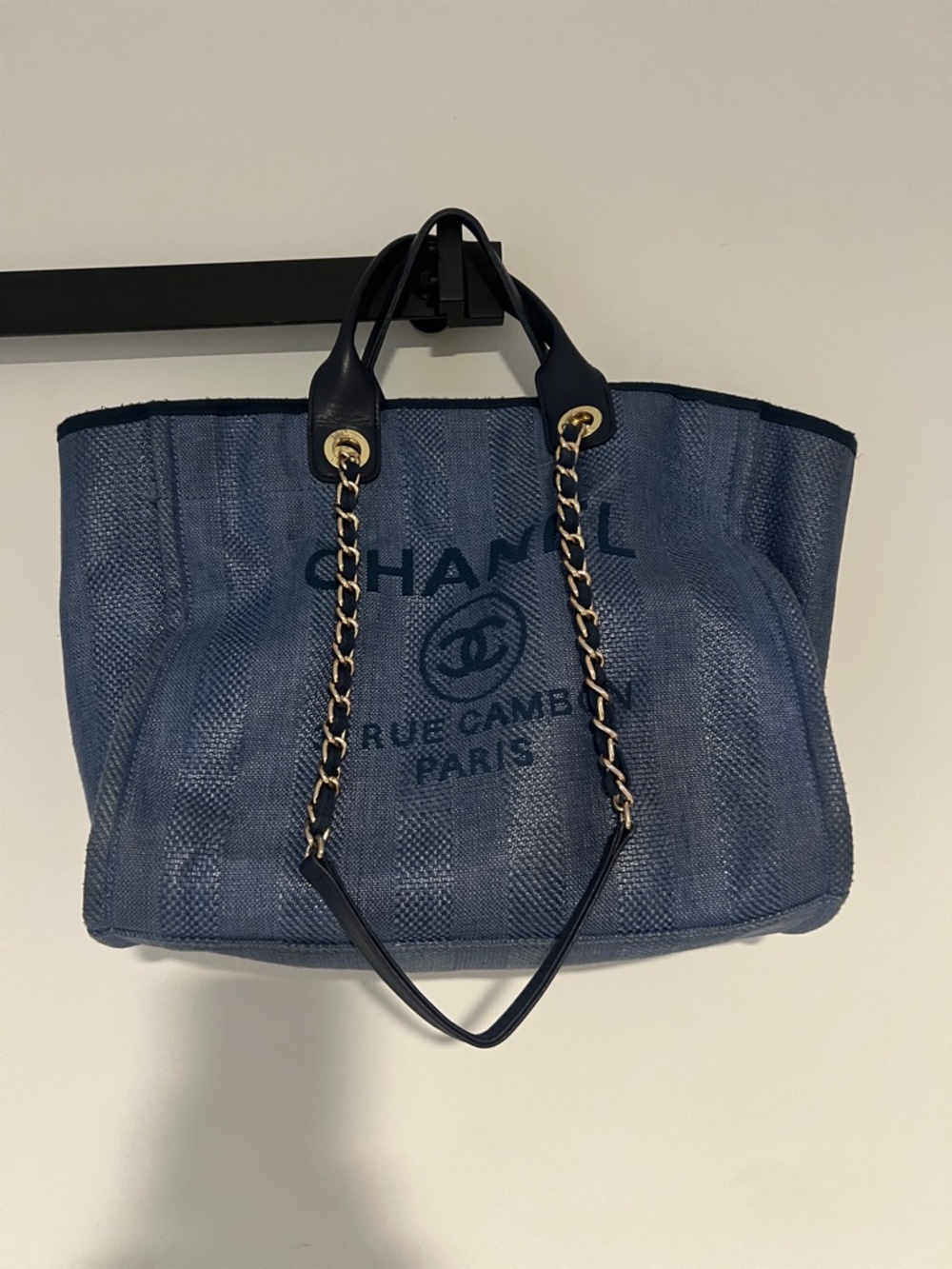 CHANEL Navy Canvas Logo Tote with Chain-Trim Handles